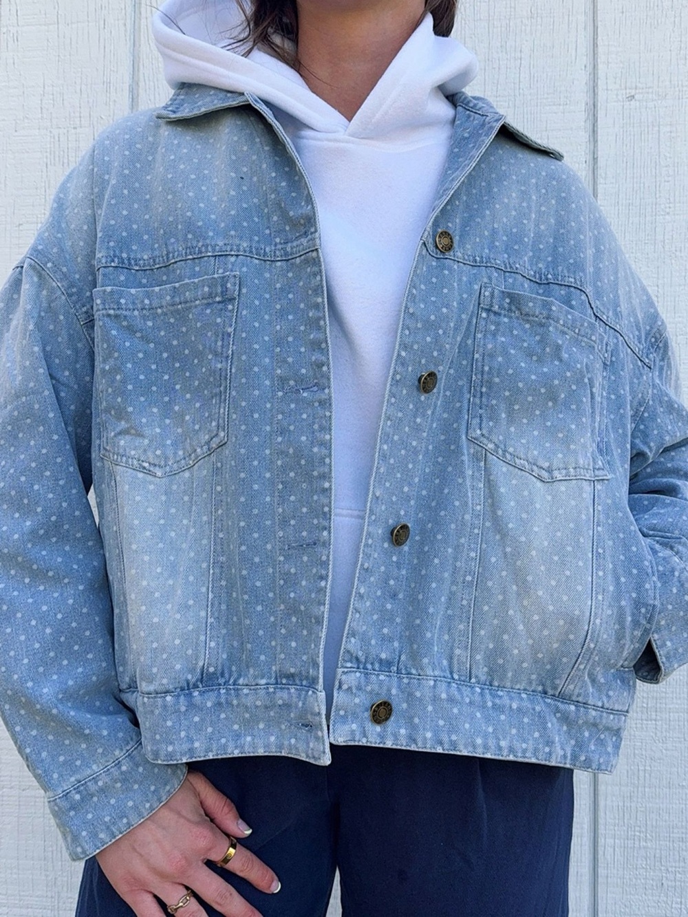 Polka Dot Long Sleeve Collar Pocket Casual Shift Silhouette Denim Jacket